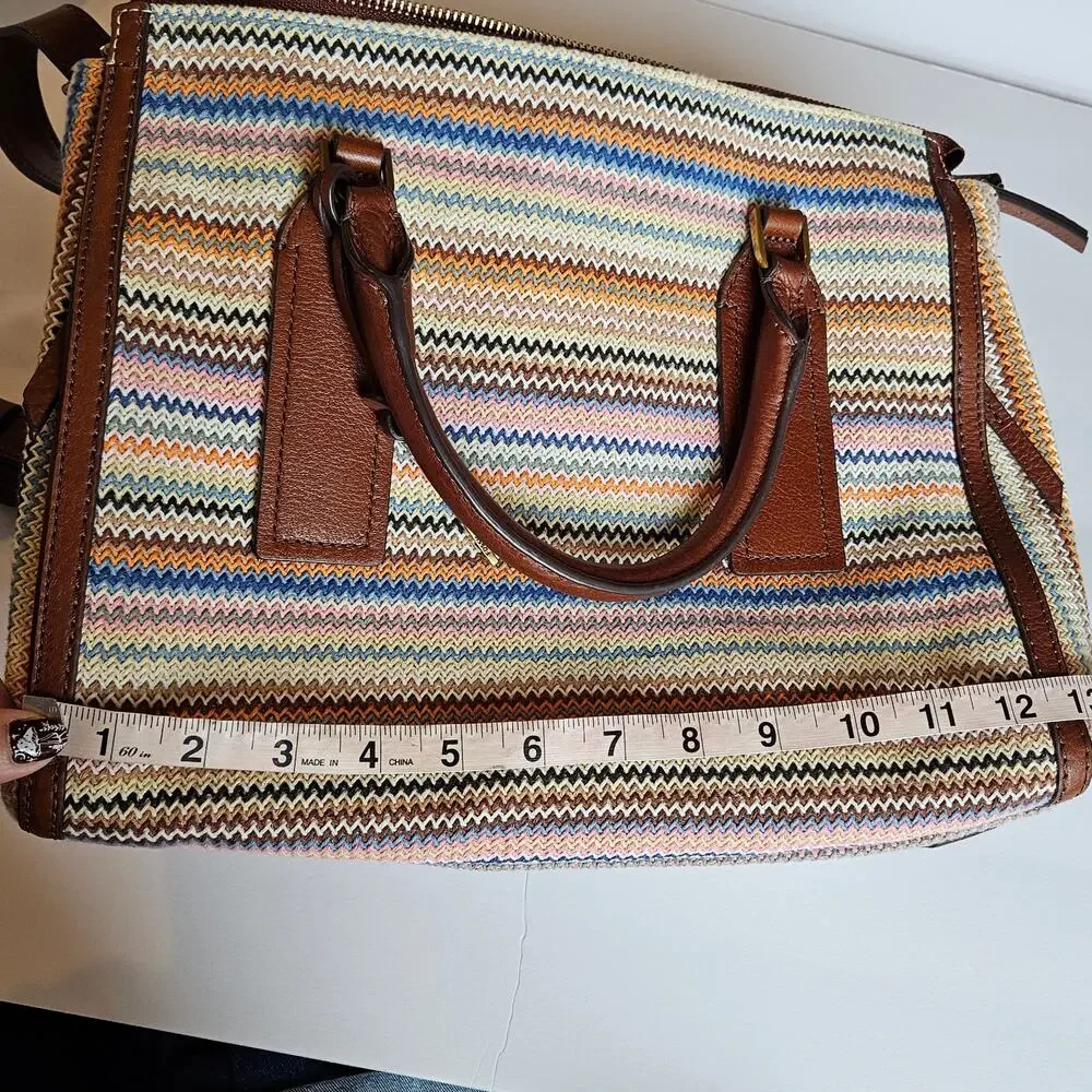Fossil Parker Leather Satchel Purse Handbag Zig Zag Colorful Stripes‎ Boho